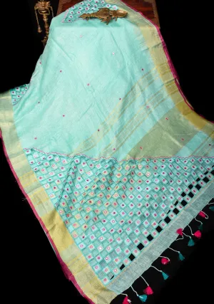Jaali Pallu - Linen by Linen Cutwork with Pink embroidery Mirror work Saree in Aqua