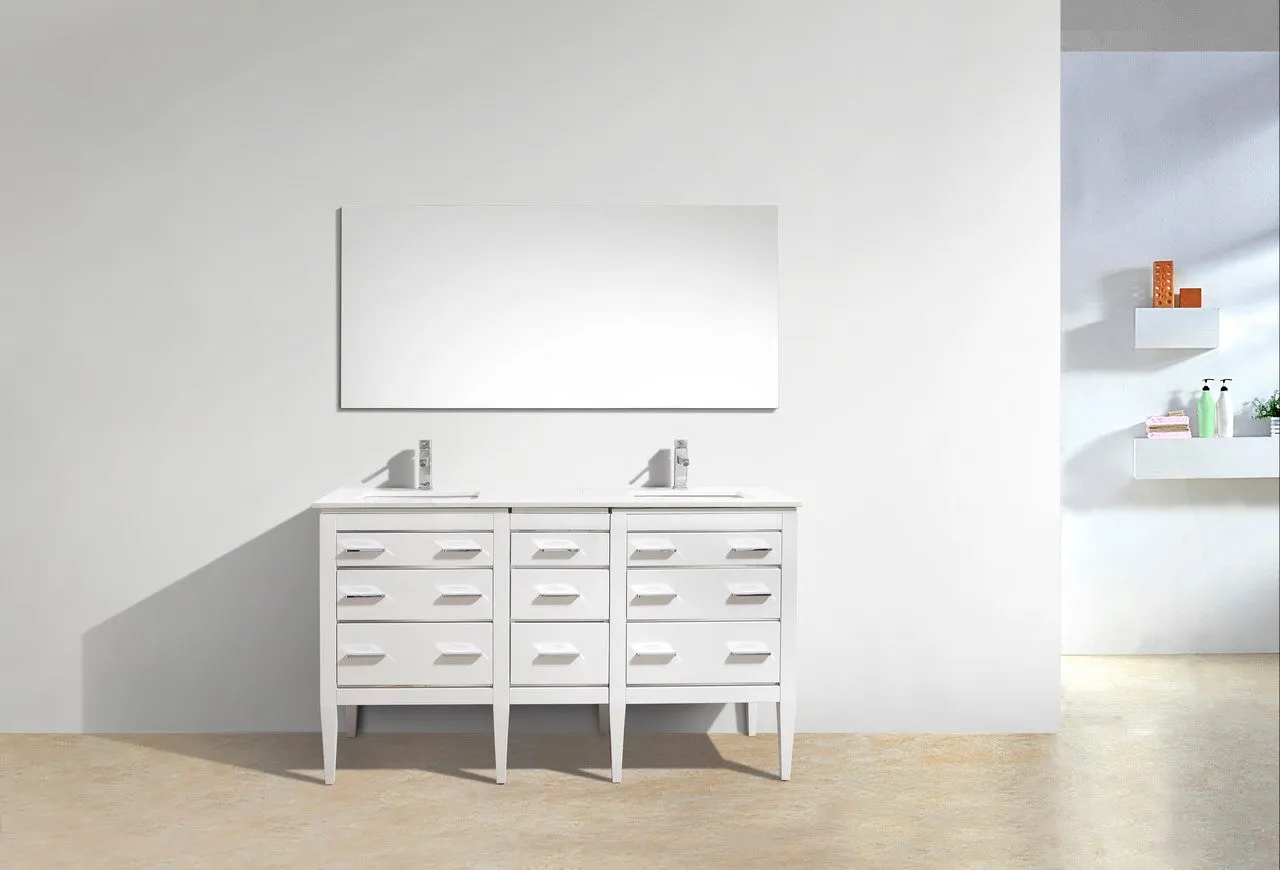 KubeBath Eiffel 60" Double Sink High Gloss White Freestanding Vanity w/ Quartz Countertop
