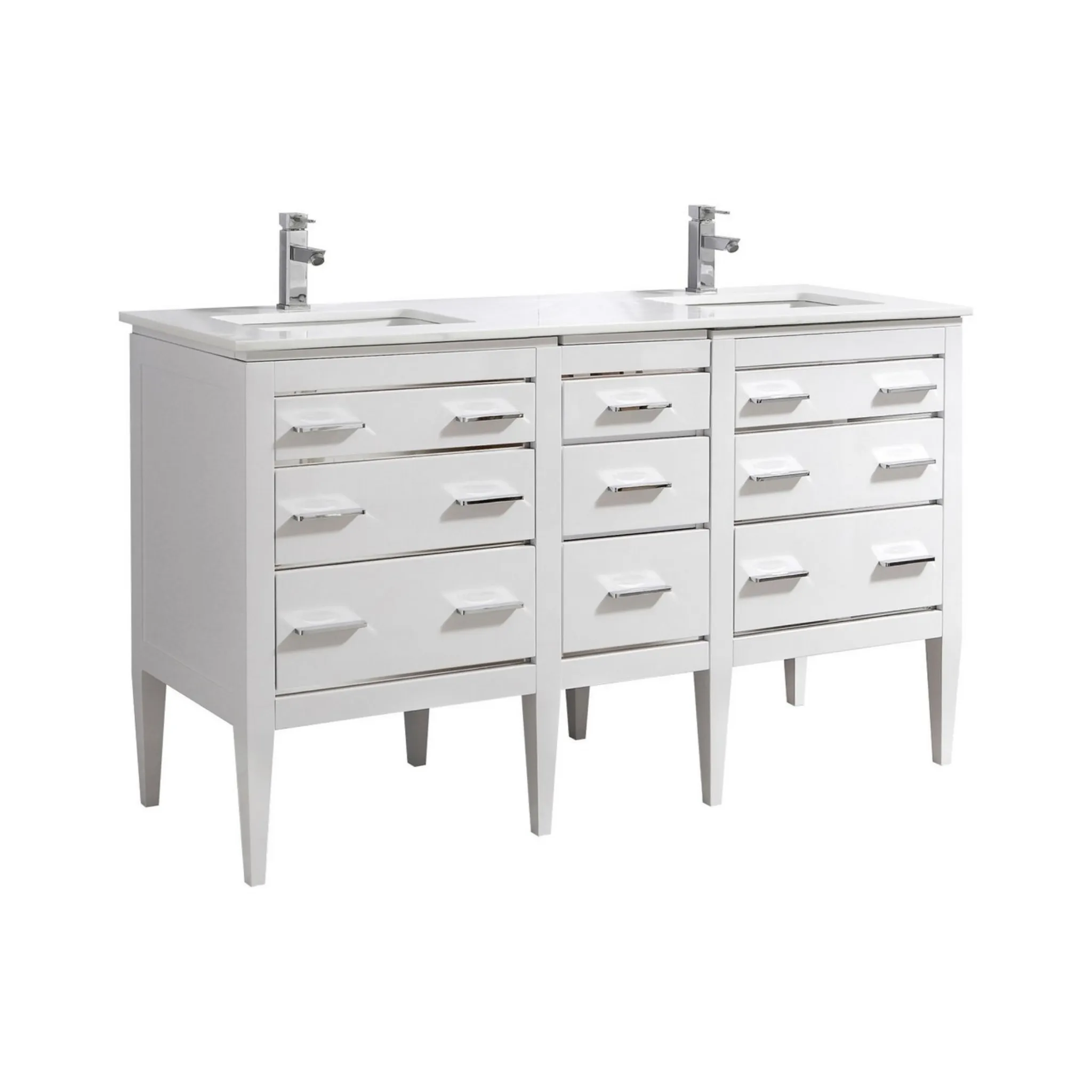 KubeBath Eiffel 60" Double Sink High Gloss White Freestanding Vanity w/ Quartz Countertop