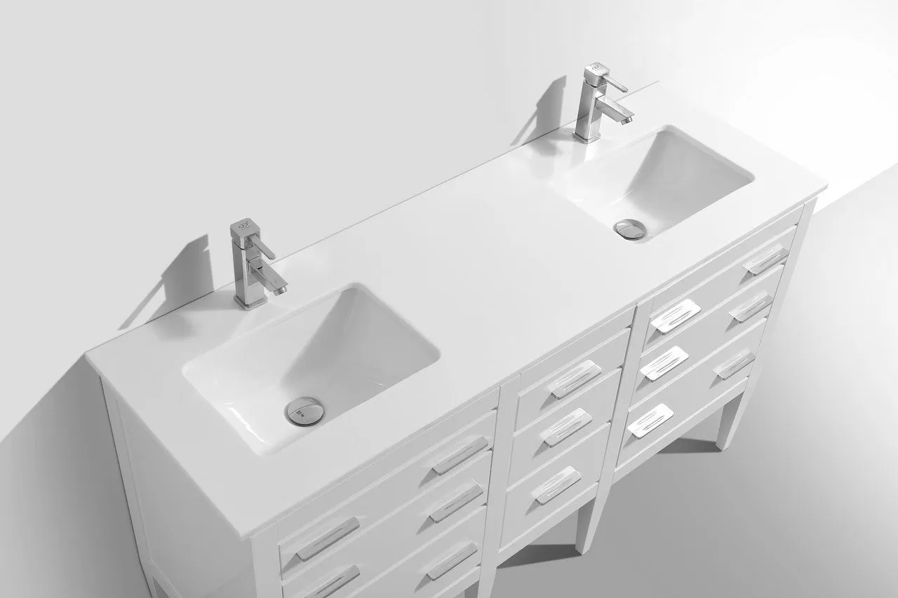KubeBath Eiffel 60" Double Sink High Gloss White Freestanding Vanity w/ Quartz Countertop