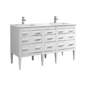 KubeBath Eiffel 60" Double Sink High Gloss White Freestanding Vanity w/ Quartz Countertop