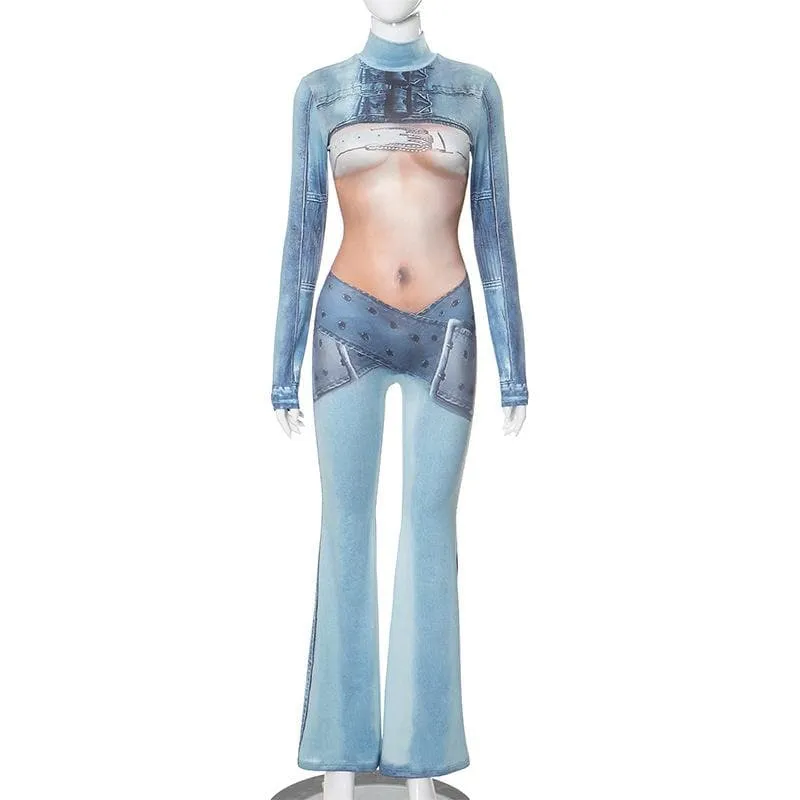 Long sleeve high neck body print zip-up contrast jumpsuit