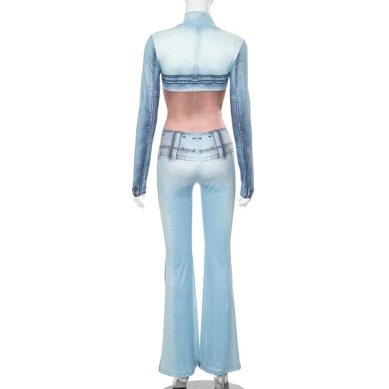 Long sleeve high neck body print zip-up contrast jumpsuit
