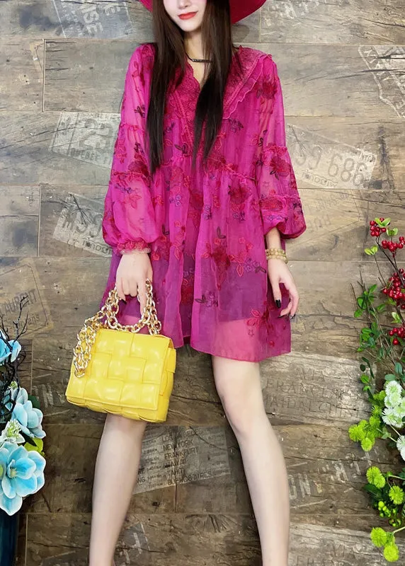 Loose Rose V Neck Embroidered Patchwork Chiffon Shirt Summer XX026