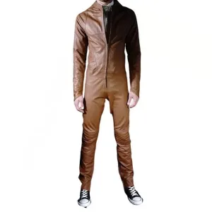 Mens Biker style real sheepskin brown motorcycle leather jumpsuit