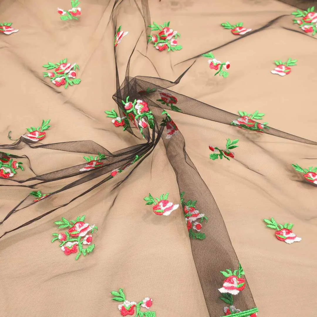 Multicolor Floral Embroidered Tulle Fabric