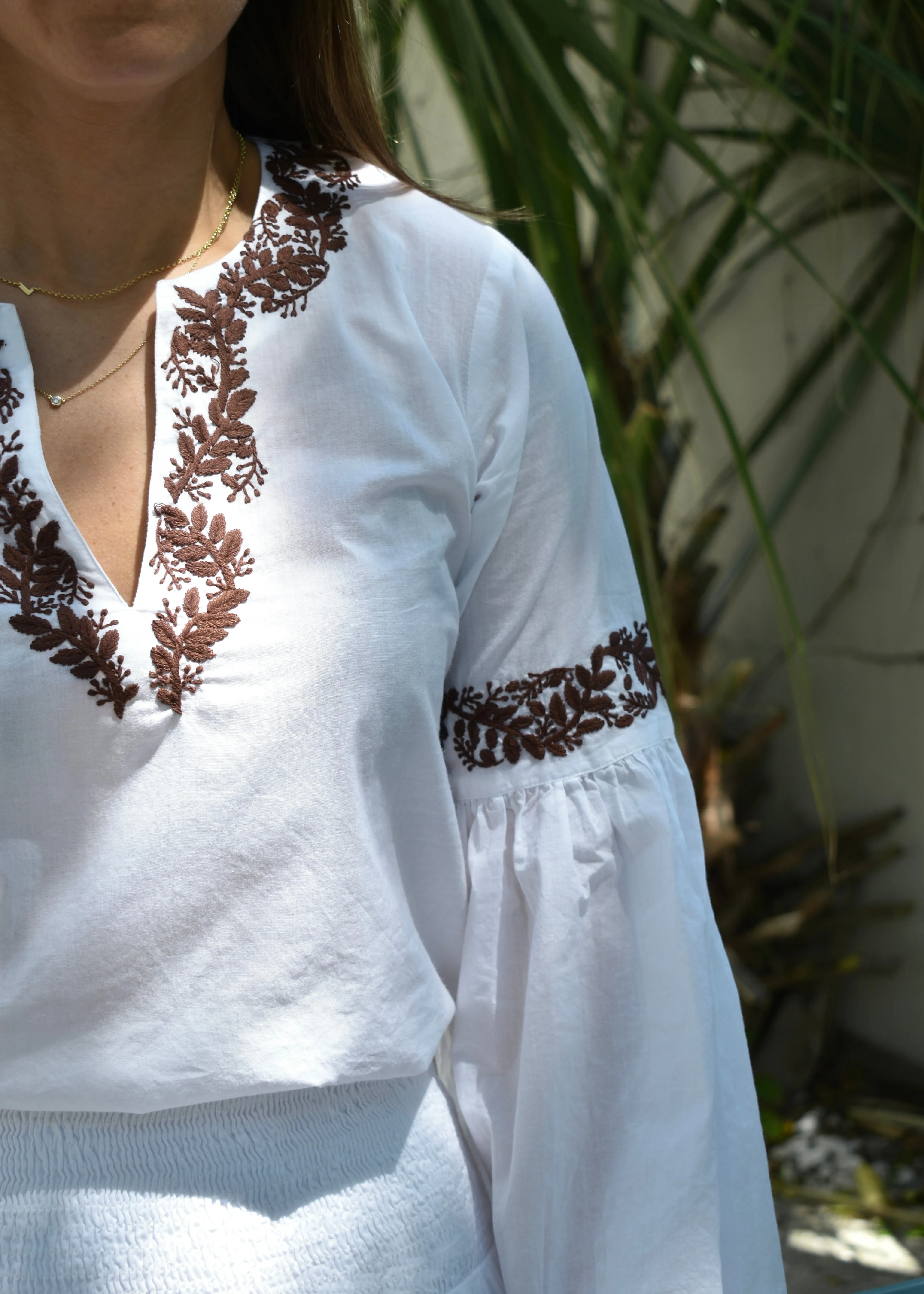 Mykonos Hand Embroidered Top White with Brown Embroidery Final Sale