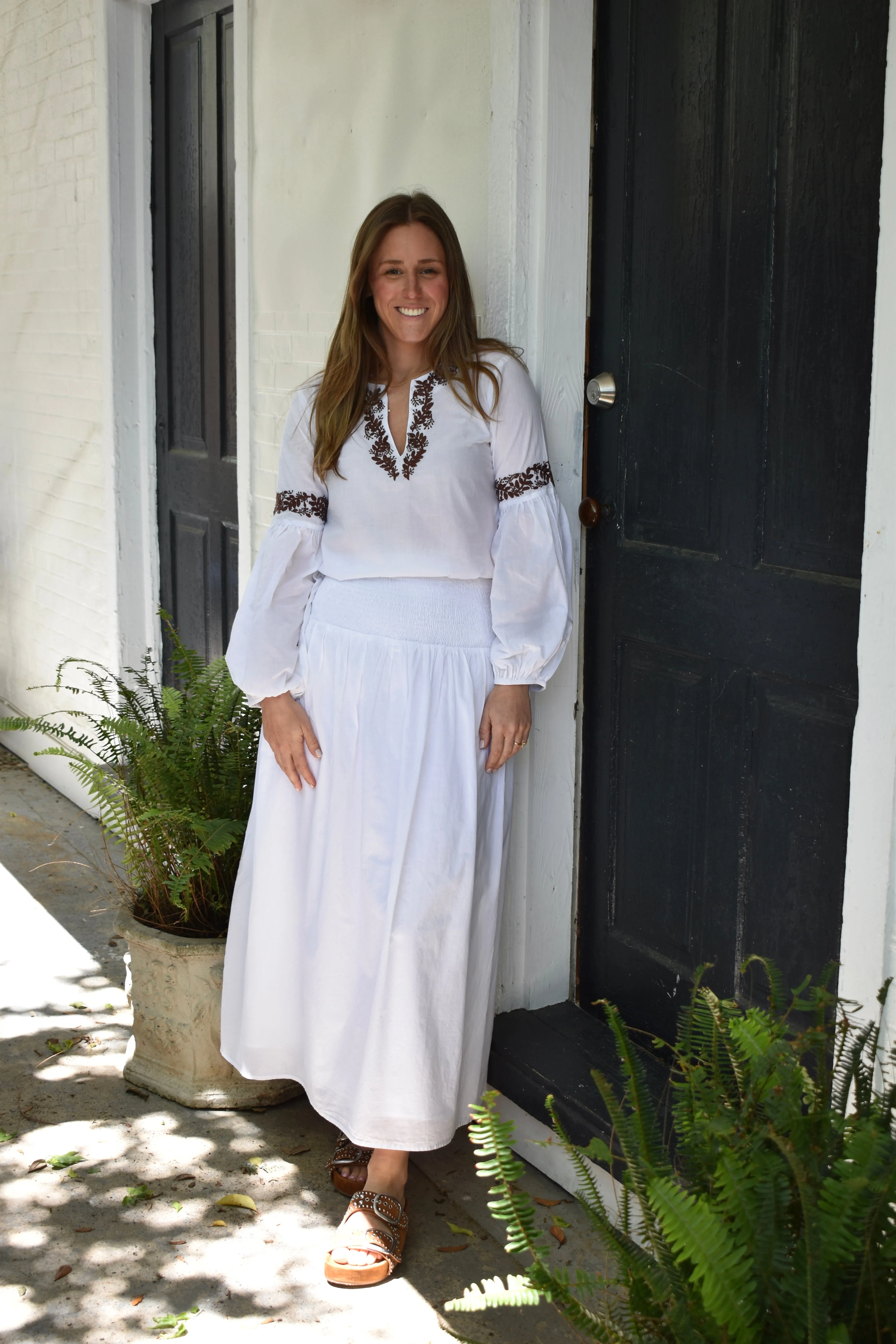 Mykonos Hand Embroidered Top White with Brown Embroidery Final Sale