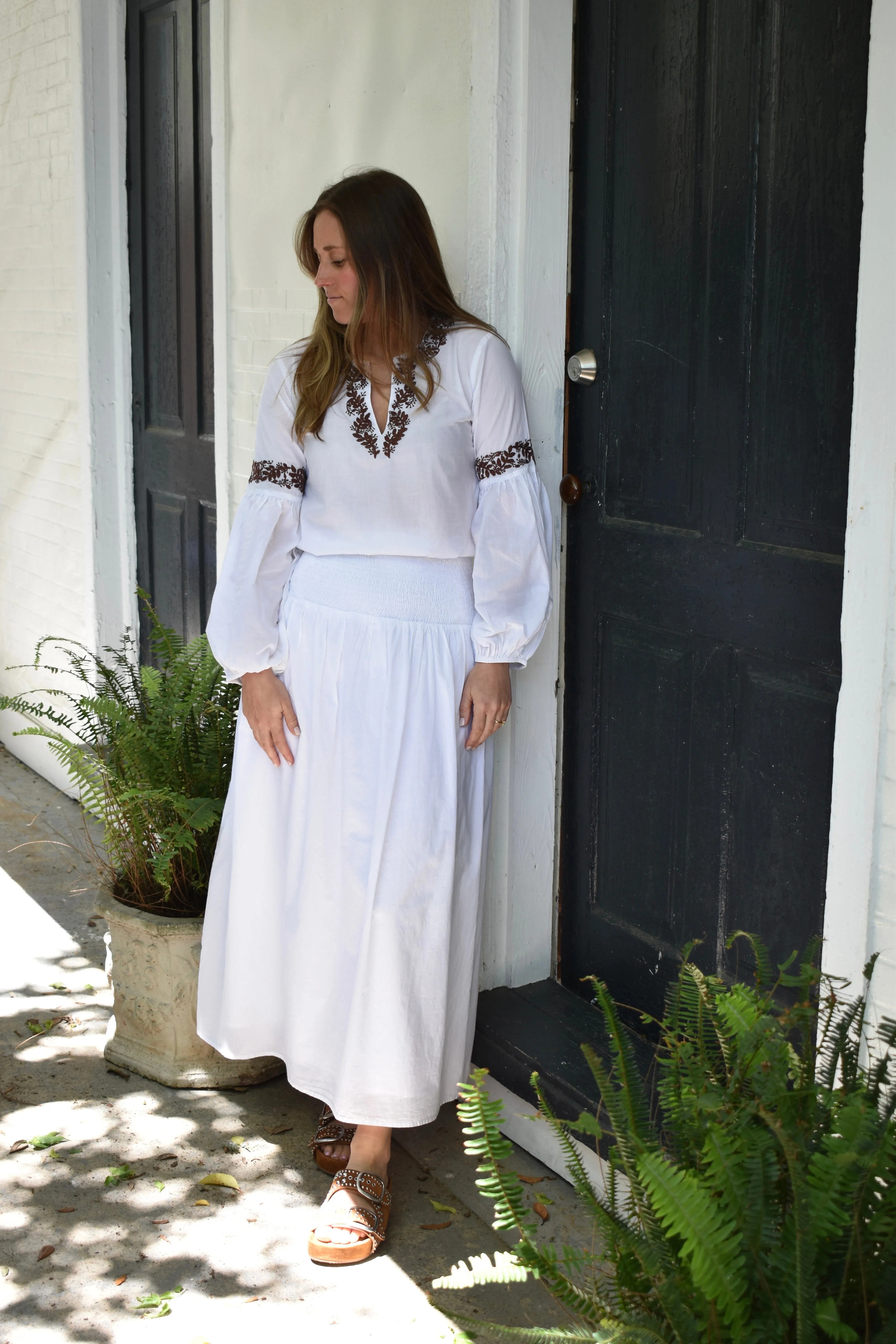 Mykonos Hand Embroidered Top White with Brown Embroidery Final Sale