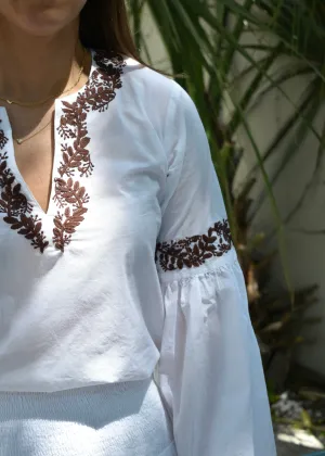 Mykonos Hand Embroidered Top White with Brown Embroidery Final Sale
