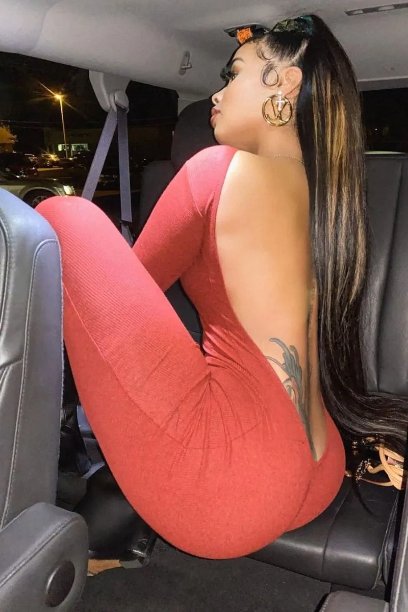 Orange Long Sleeve Backless Stacked Jumpsuit