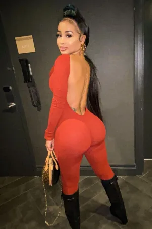 Orange Long Sleeve Backless Stacked Jumpsuit