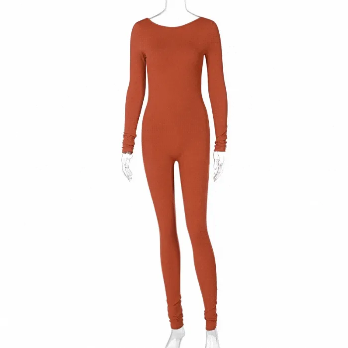 Orange Long Sleeve Backless Stacked Jumpsuit