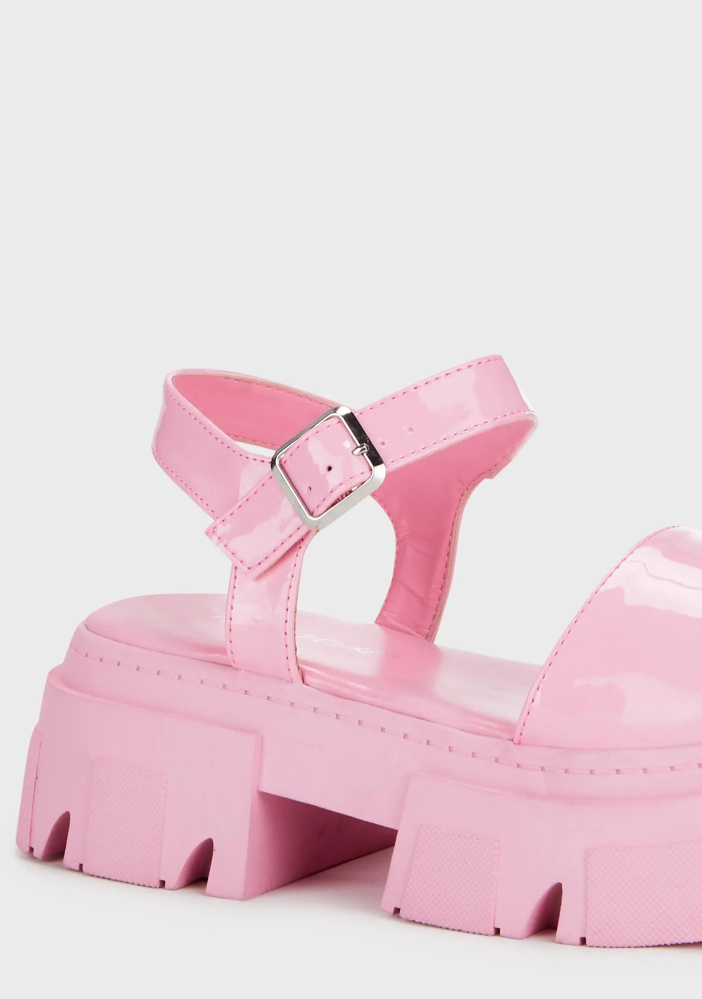 Patent Round Toe Chunky Flat Sandals - Pink