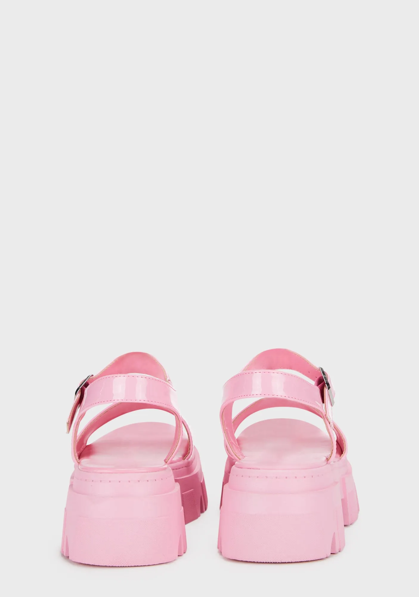 Patent Round Toe Chunky Flat Sandals - Pink