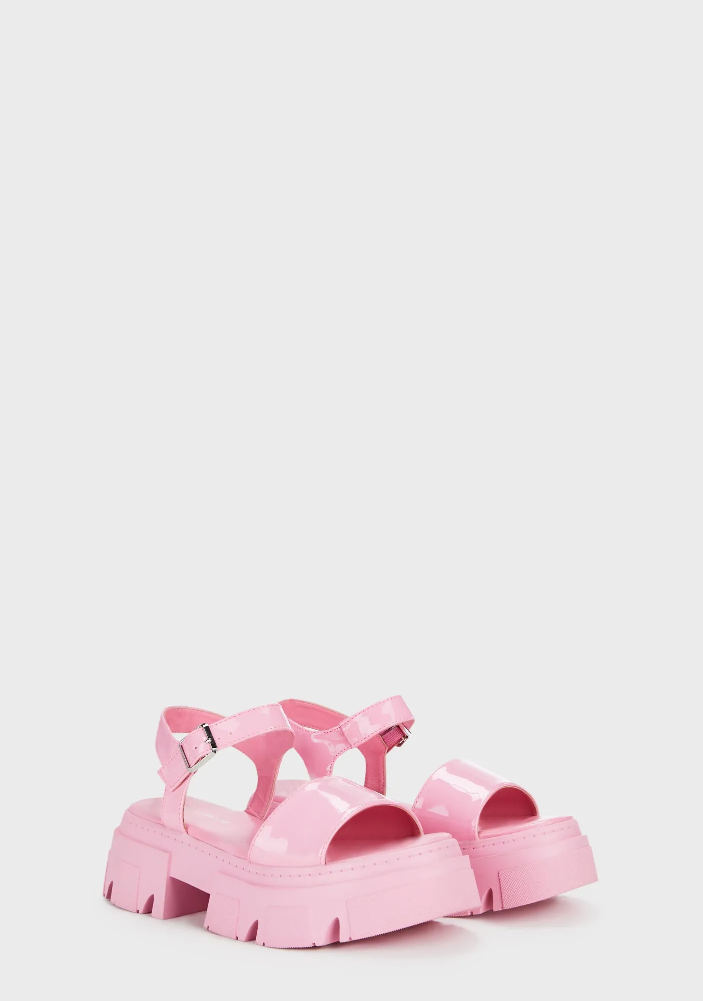 Patent Round Toe Chunky Flat Sandals - Pink