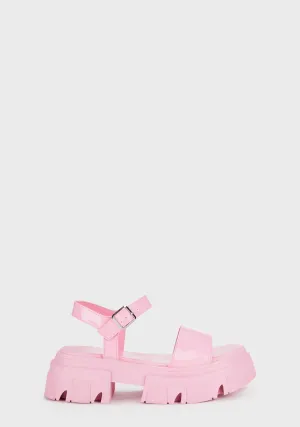 Patent Round Toe Chunky Flat Sandals - Pink