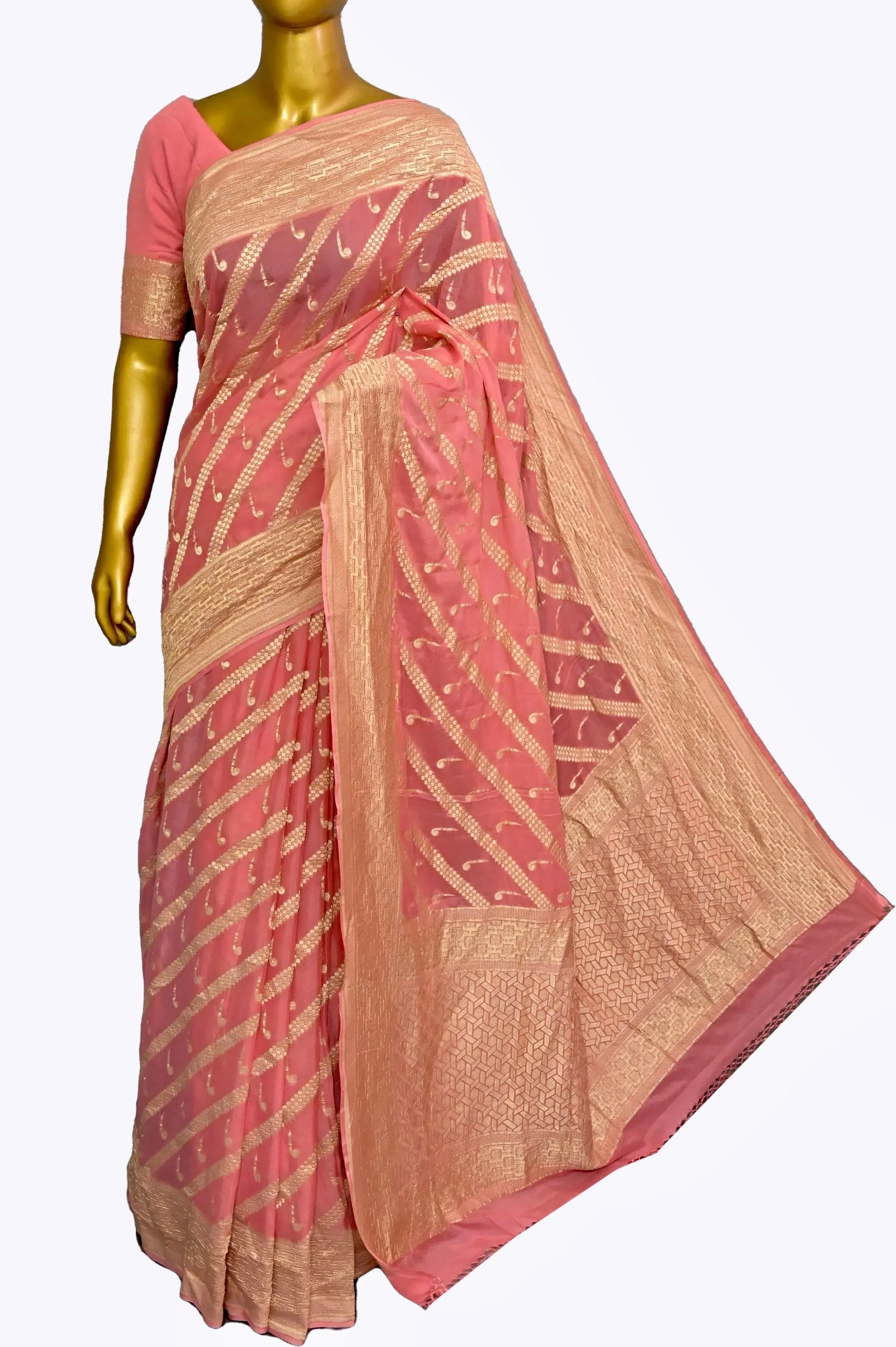 Peachy Pink Color Pure Georgette Banarasi Saree with Leheriya Style Zari Work