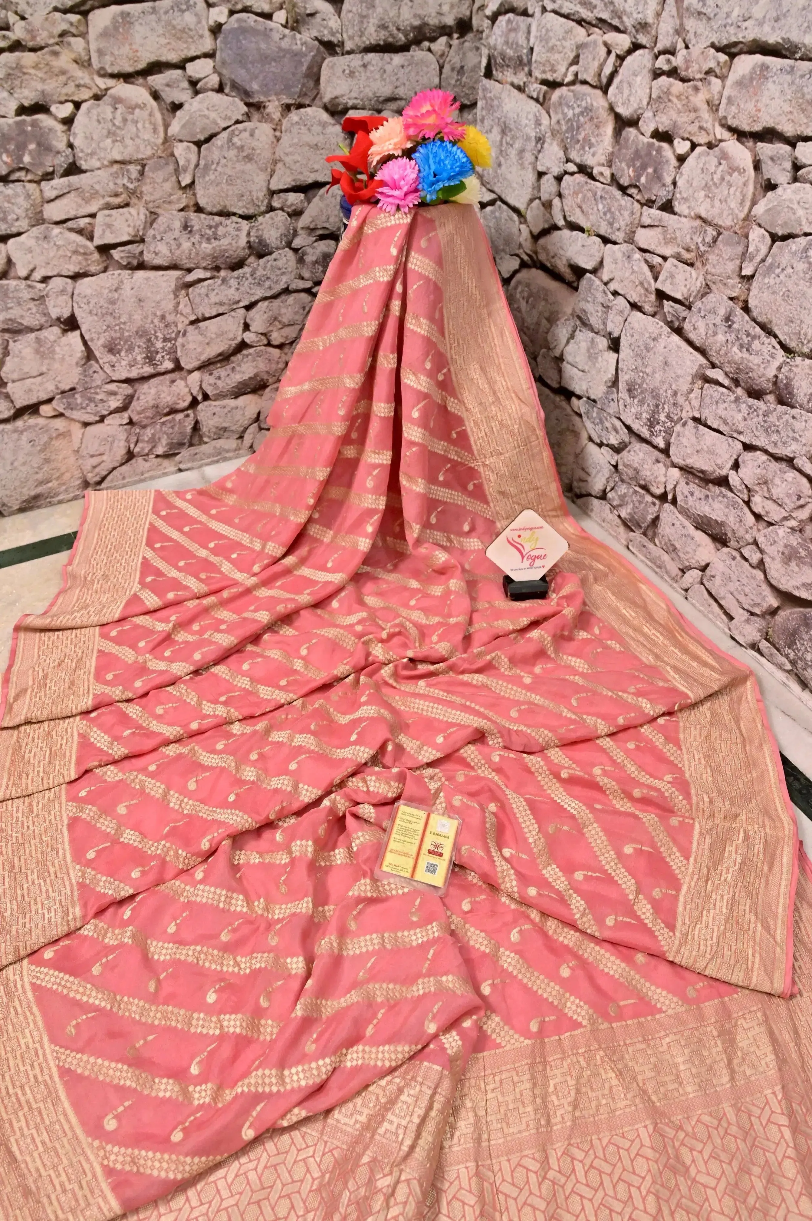 Peachy Pink Color Pure Georgette Banarasi Saree with Leheriya Style Zari Work
