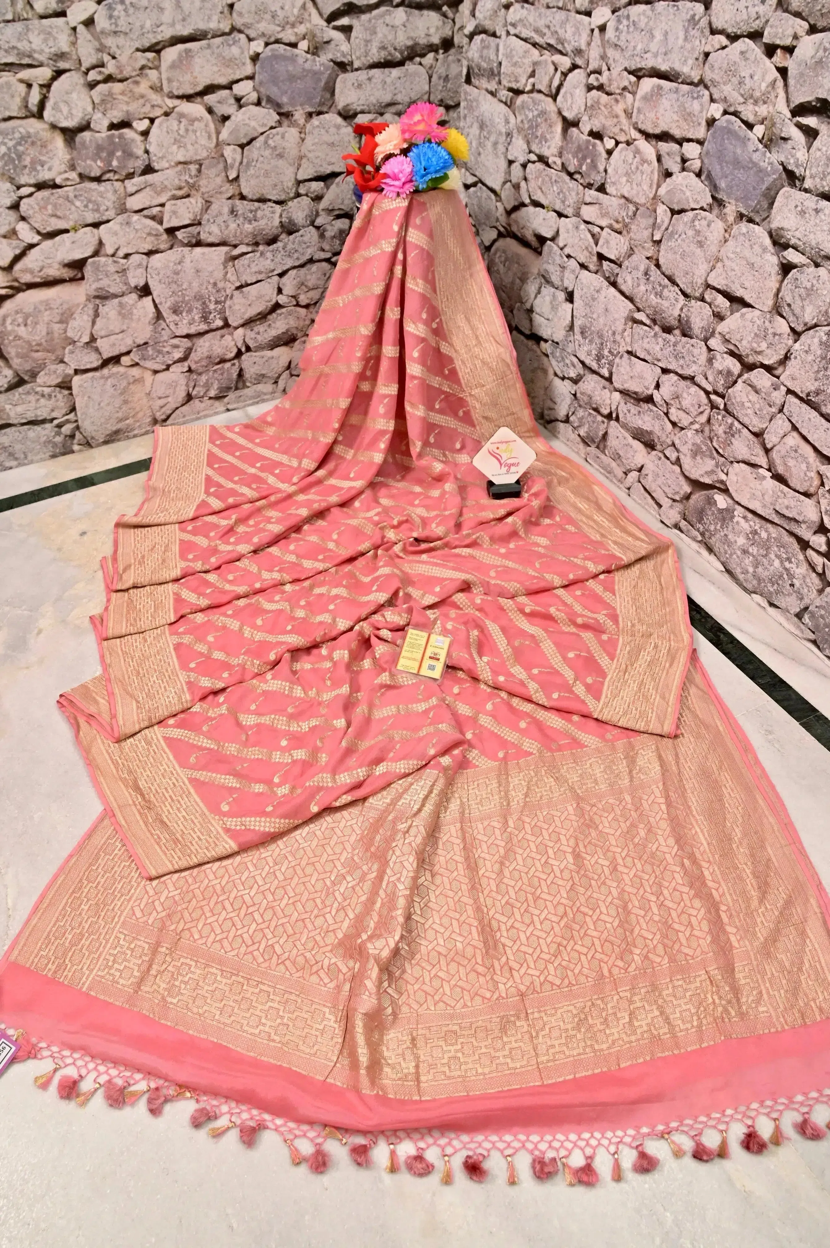 Peachy Pink Color Pure Georgette Banarasi Saree with Leheriya Style Zari Work