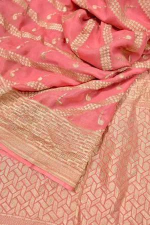 Peachy Pink Color Pure Georgette Banarasi Saree with Leheriya Style Zari Work