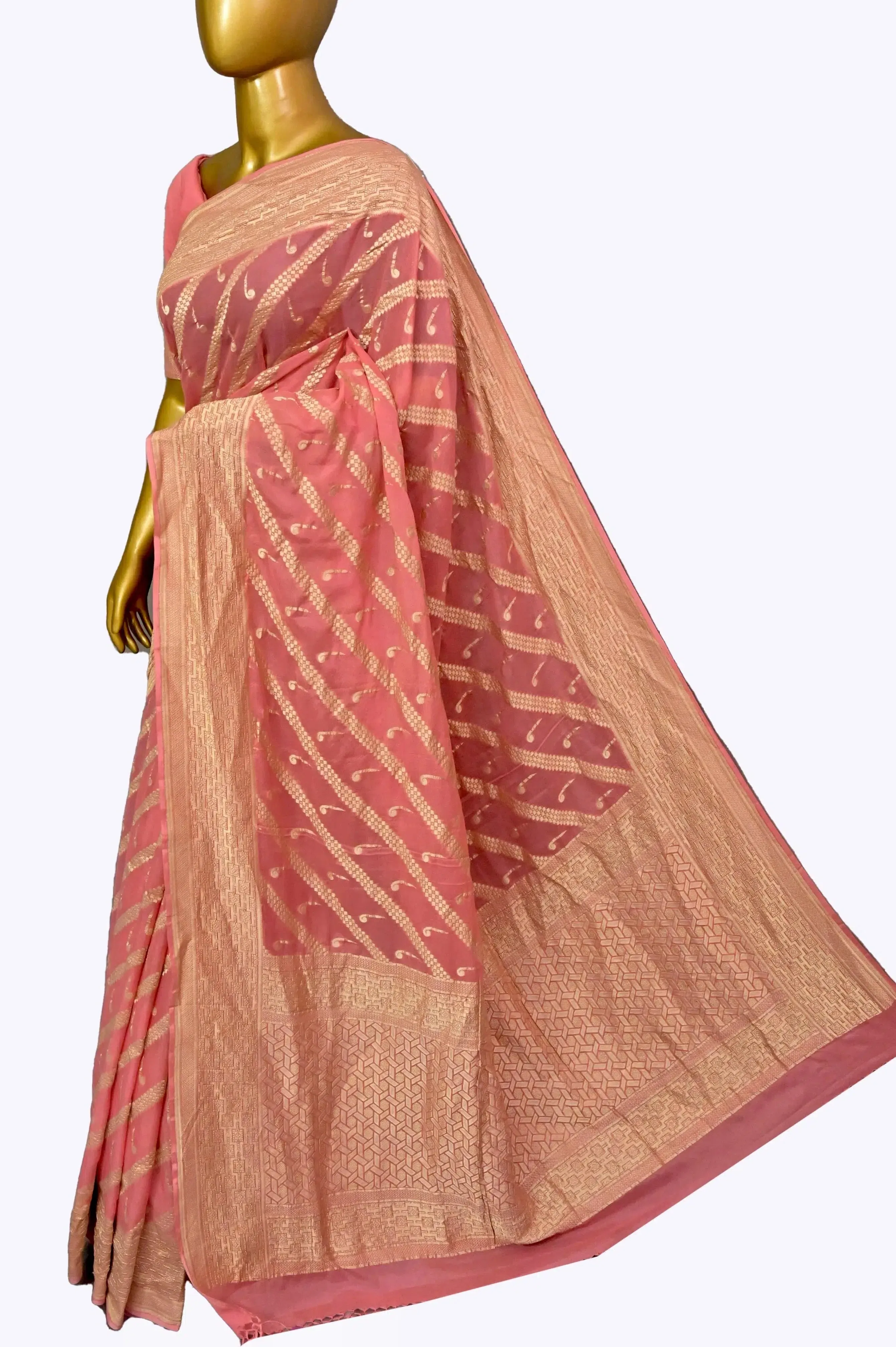Peachy Pink Color Pure Georgette Banarasi Saree with Leheriya Style Zari Work
