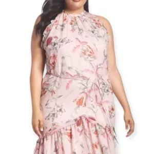 Pink Sleeveless Floral Ruffle Midi Dress