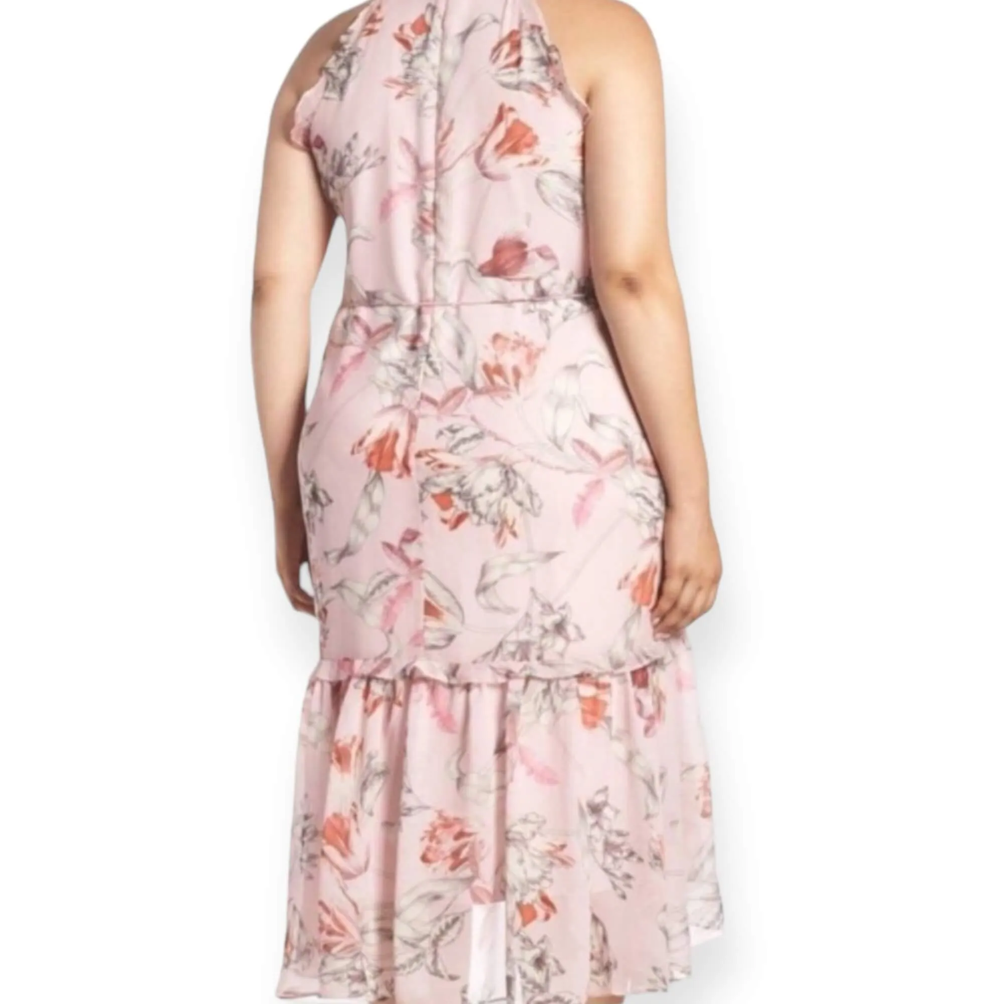 Pink Sleeveless Floral Ruffle Midi Dress