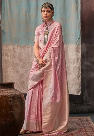 Pleasing Pink Pure Satin Silk Handloom Weaved Saree