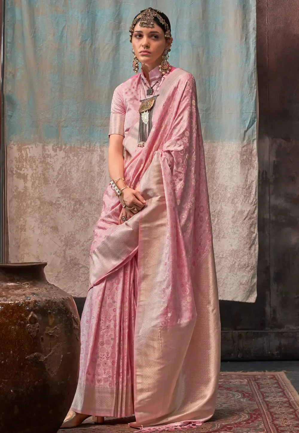 Pleasing Pink Pure Satin Silk Handloom Weaved Saree