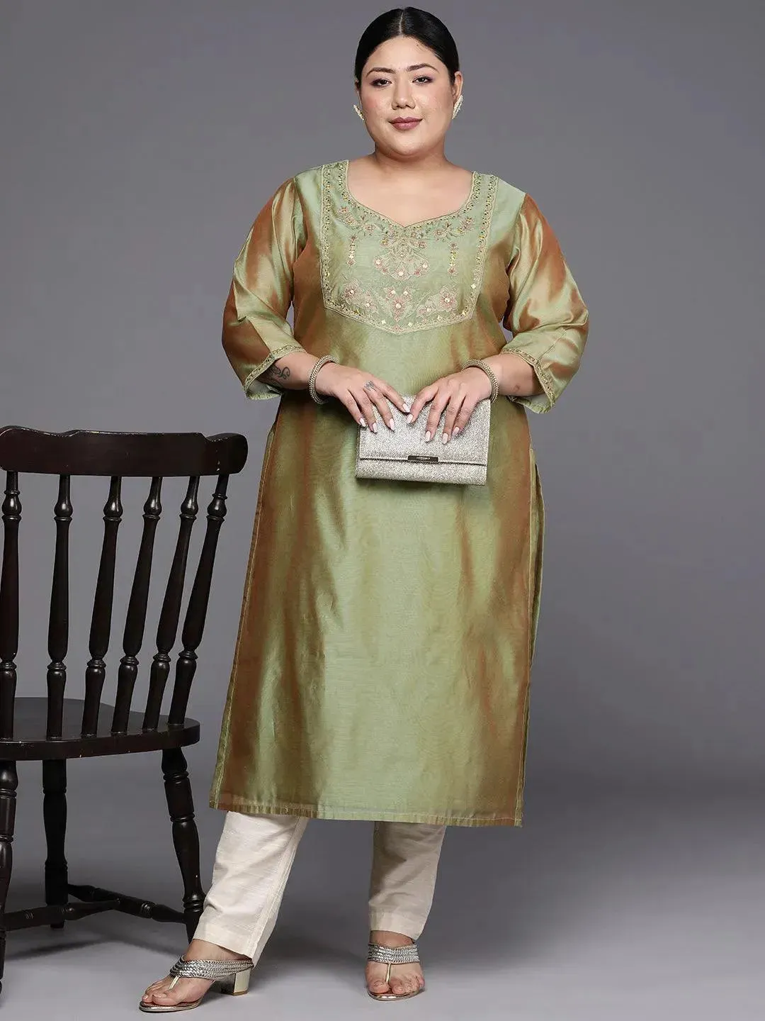 Plus Size Green Yoke Design Chanderi Cotton Straight Kurta