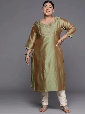 Plus Size Green Yoke Design Chanderi Cotton Straight Kurta