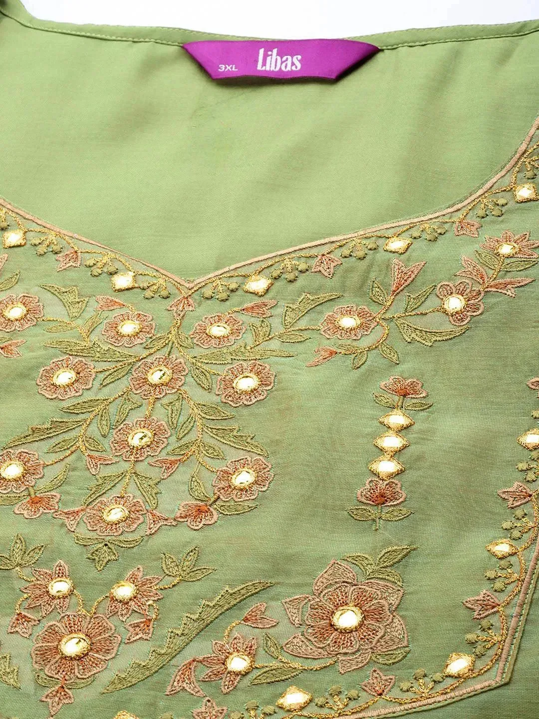 Plus Size Green Yoke Design Chanderi Cotton Straight Kurta