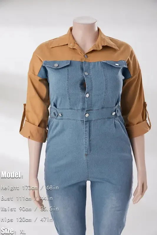 Plus Size Poppin My Collar Tan Denim Jumpsuit