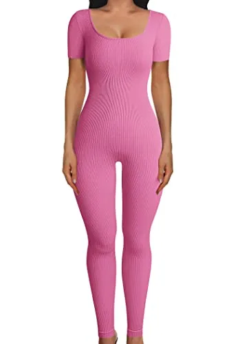 PRETTYGARDEN Women's Sexy Bodycon Jumpsuits Short Sleeve Square Neck Ribbed Knit One Piece Outfit Summer Rompers (Pants Pink,Small)