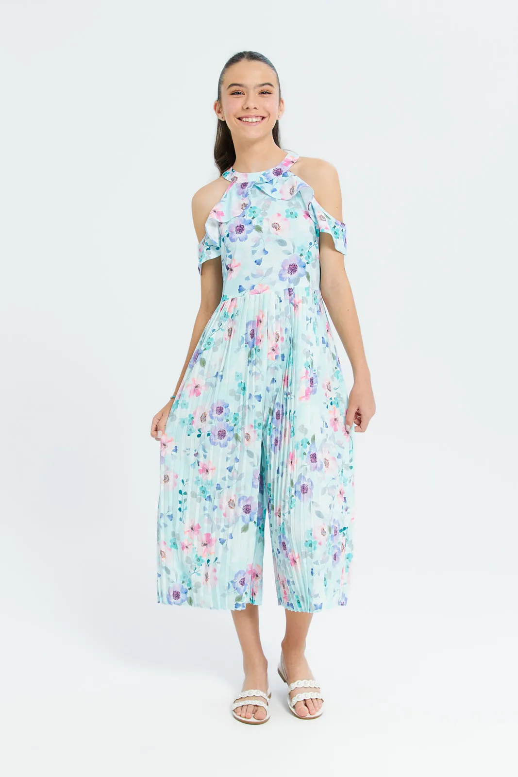 Senior Girls Blue Floral Pleated Jumpsuit