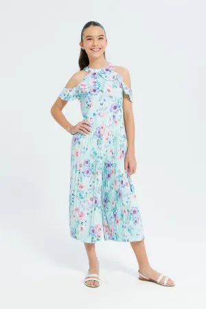 Senior Girls Blue Floral Pleated Jumpsuit