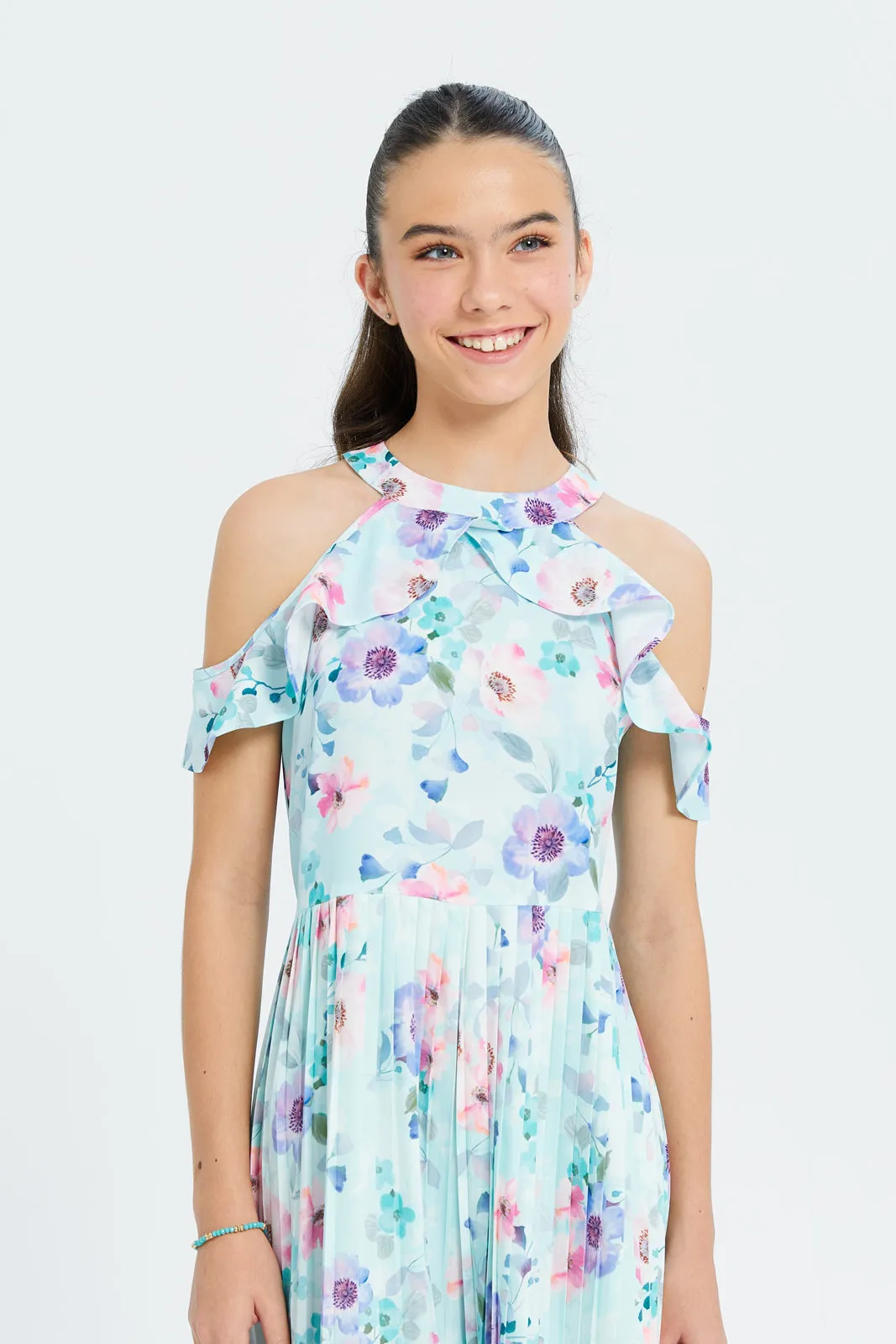 Senior Girls Blue Floral Pleated Jumpsuit