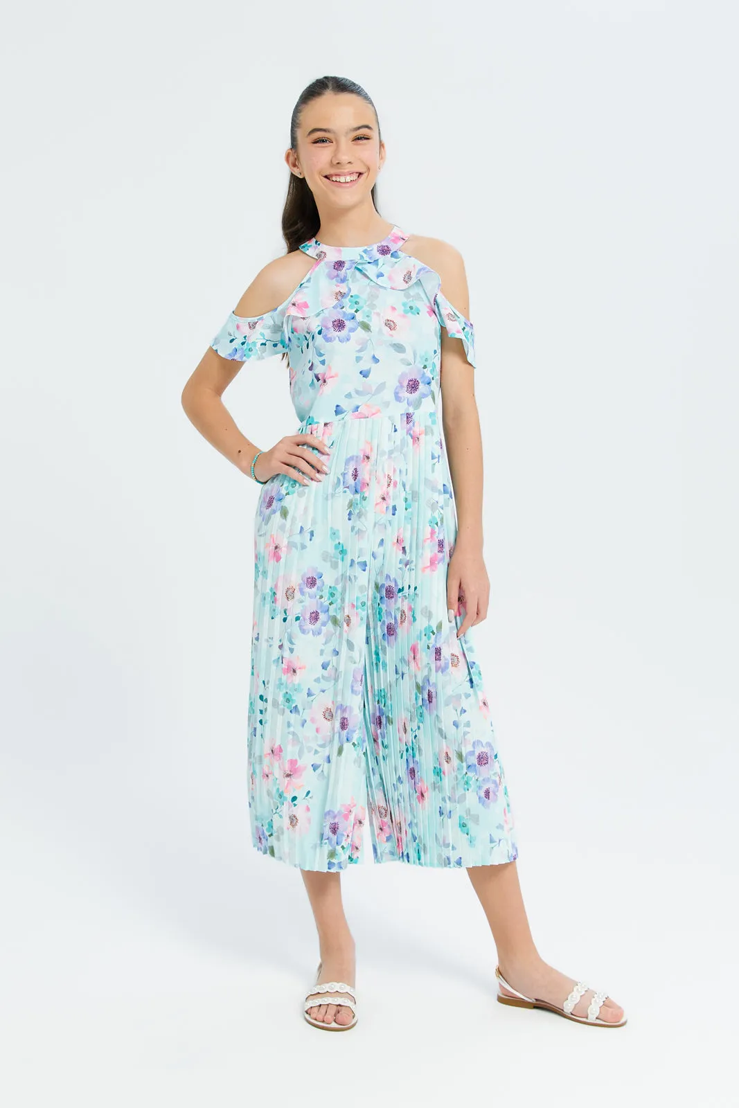 Senior Girls Blue Floral Pleated Jumpsuit