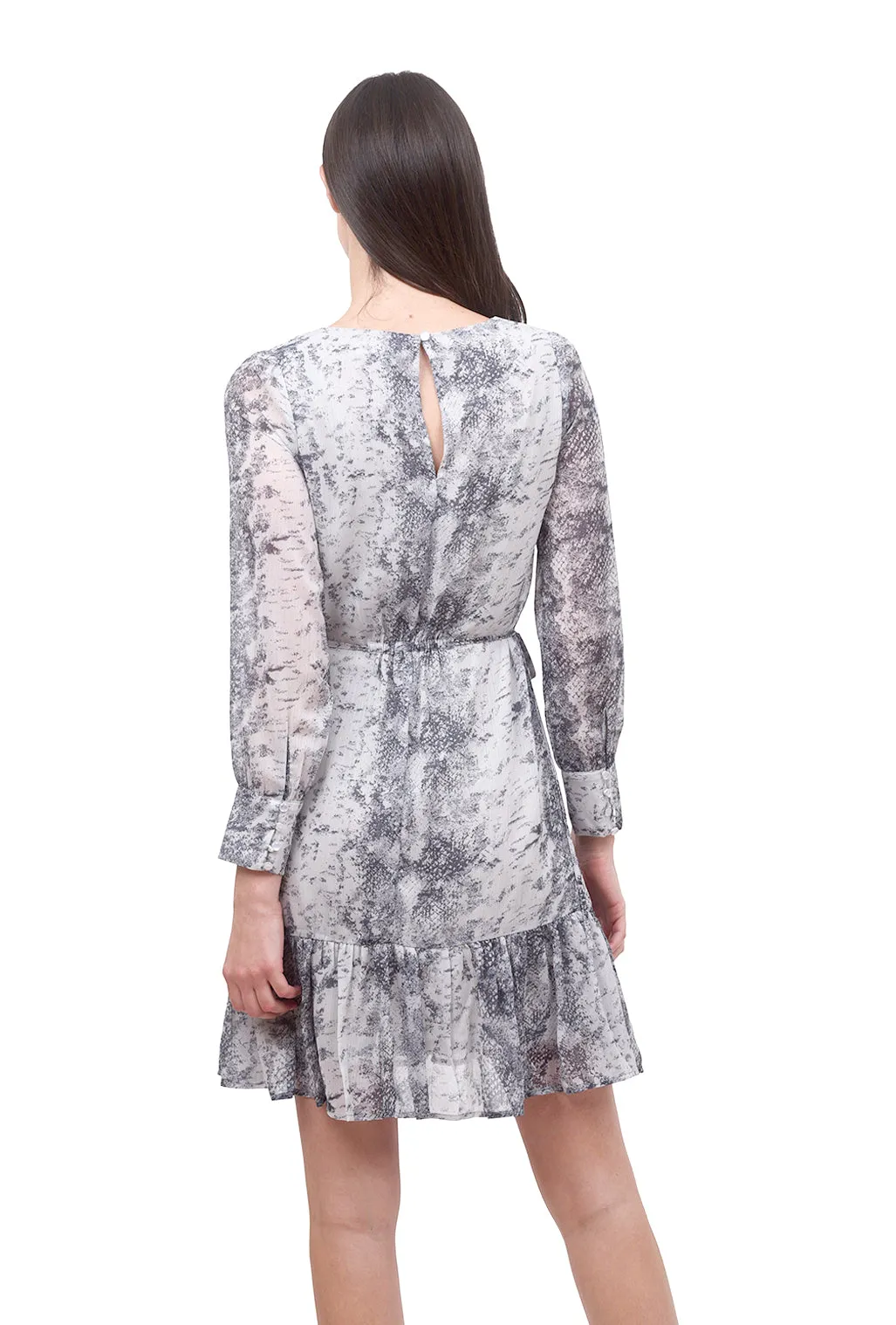 Snake-Print L/S Dress, Gray