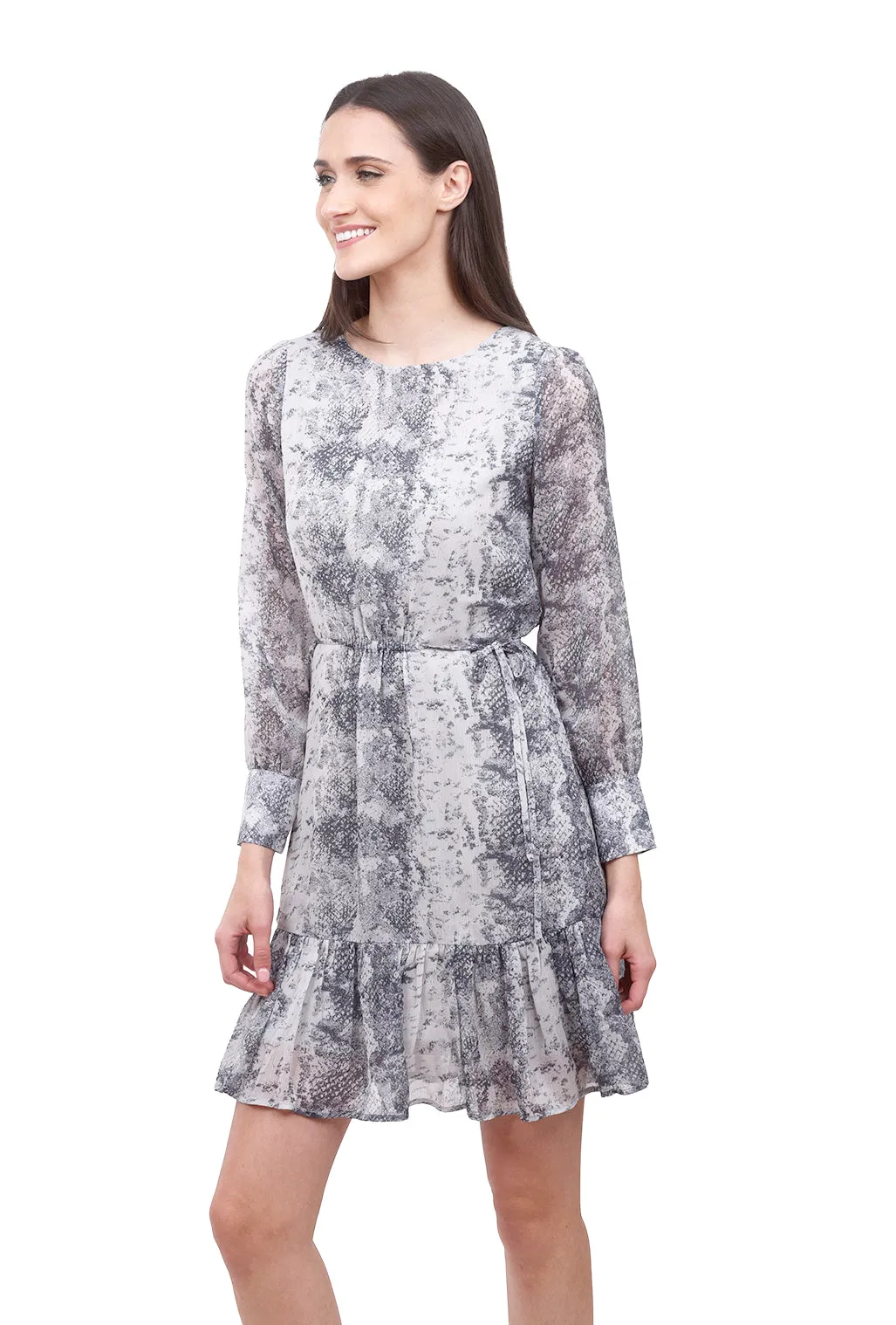 Snake-Print L/S Dress, Gray
