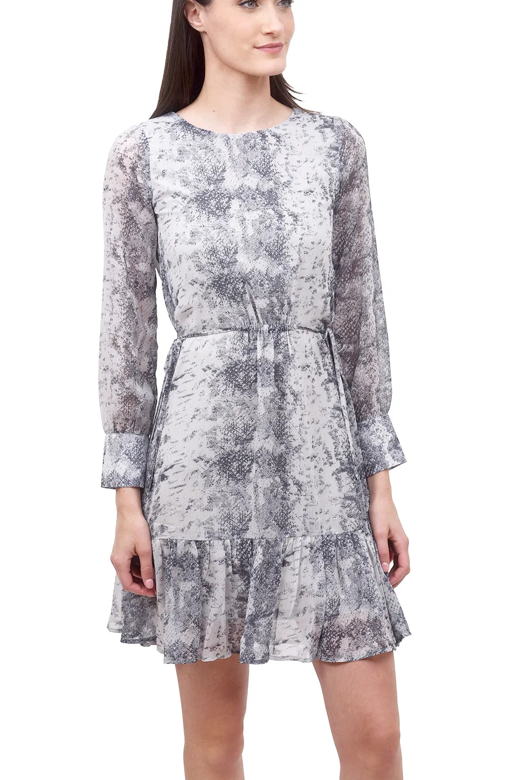 Snake-Print L/S Dress, Gray