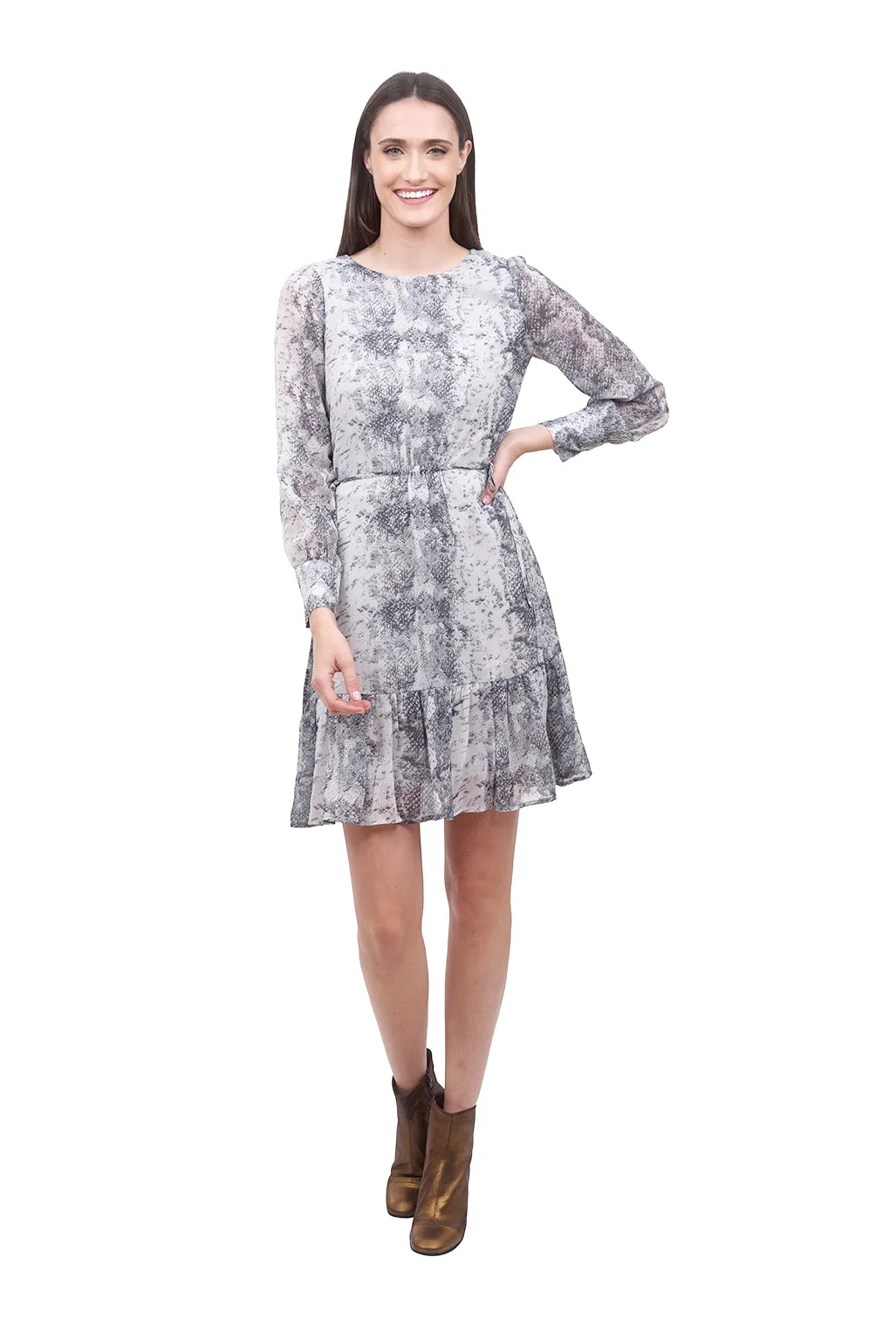 Snake-Print L/S Dress, Gray