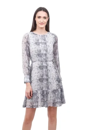 Snake-Print L/S Dress, Gray