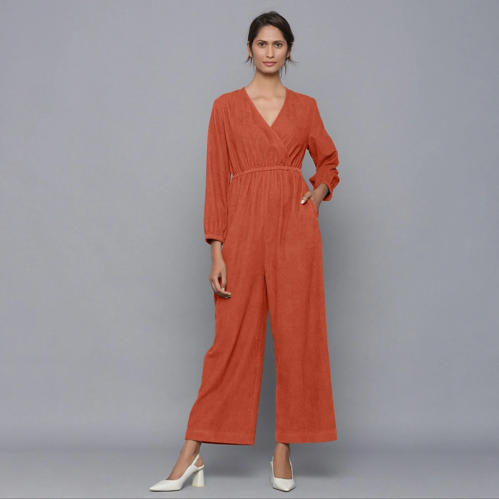 Sunset Rust Warm Cotton Corduroy Ankle Length Jumpsuit