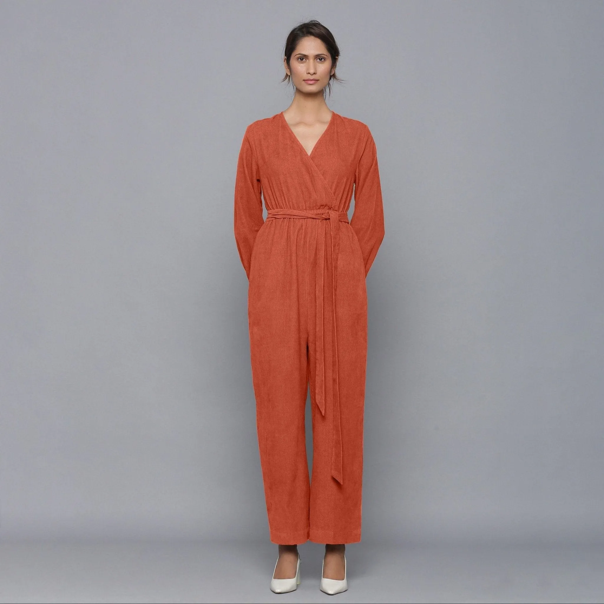 Sunset Rust Warm Cotton Corduroy Ankle Length Jumpsuit
