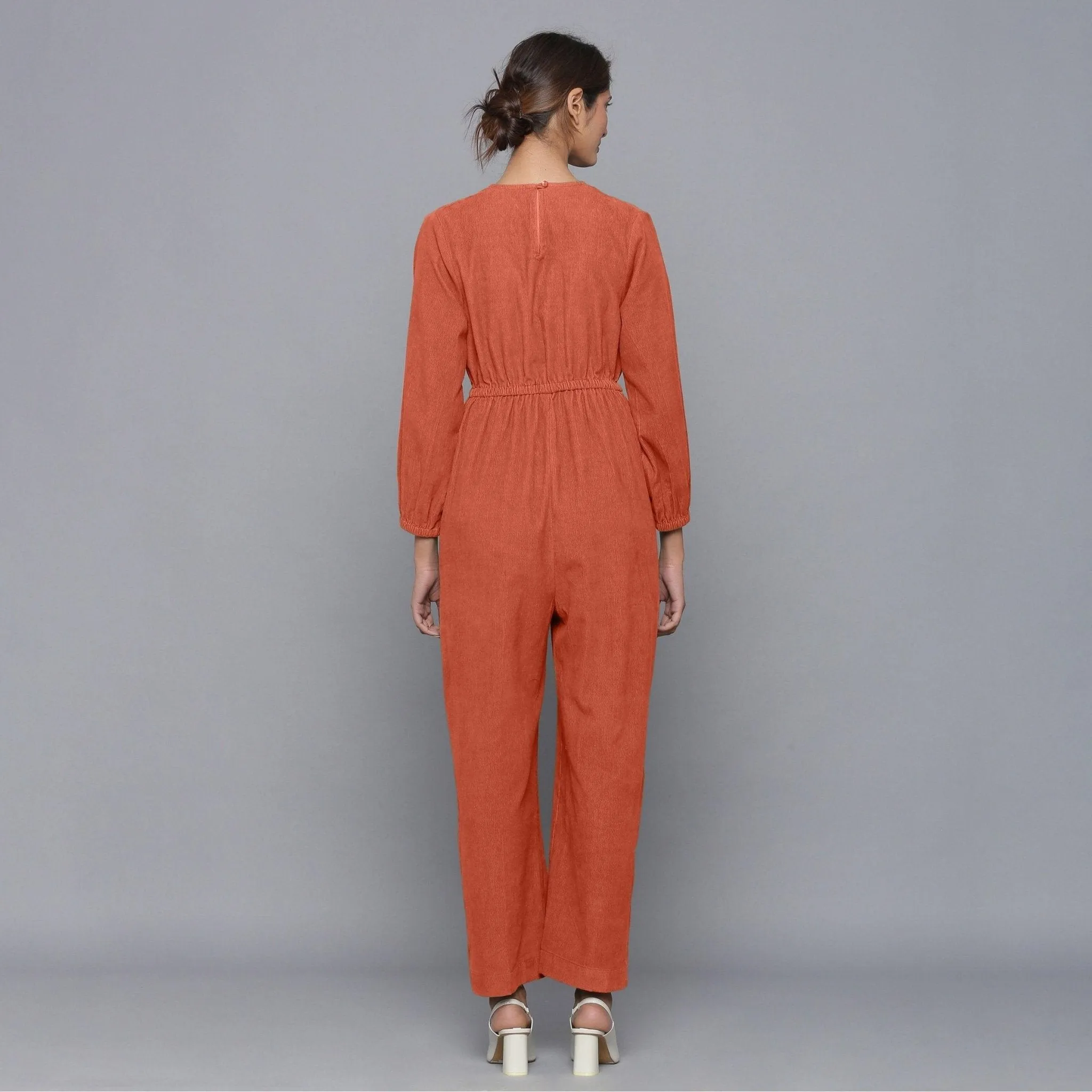 Sunset Rust Warm Cotton Corduroy Ankle Length Jumpsuit