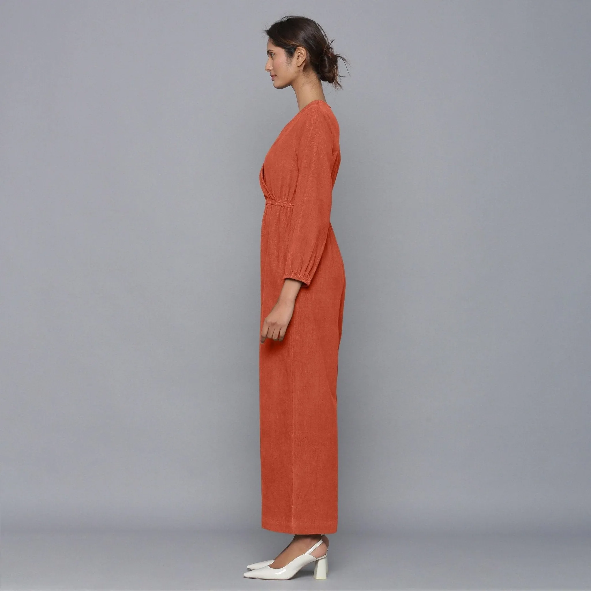 Sunset Rust Warm Cotton Corduroy Ankle Length Jumpsuit