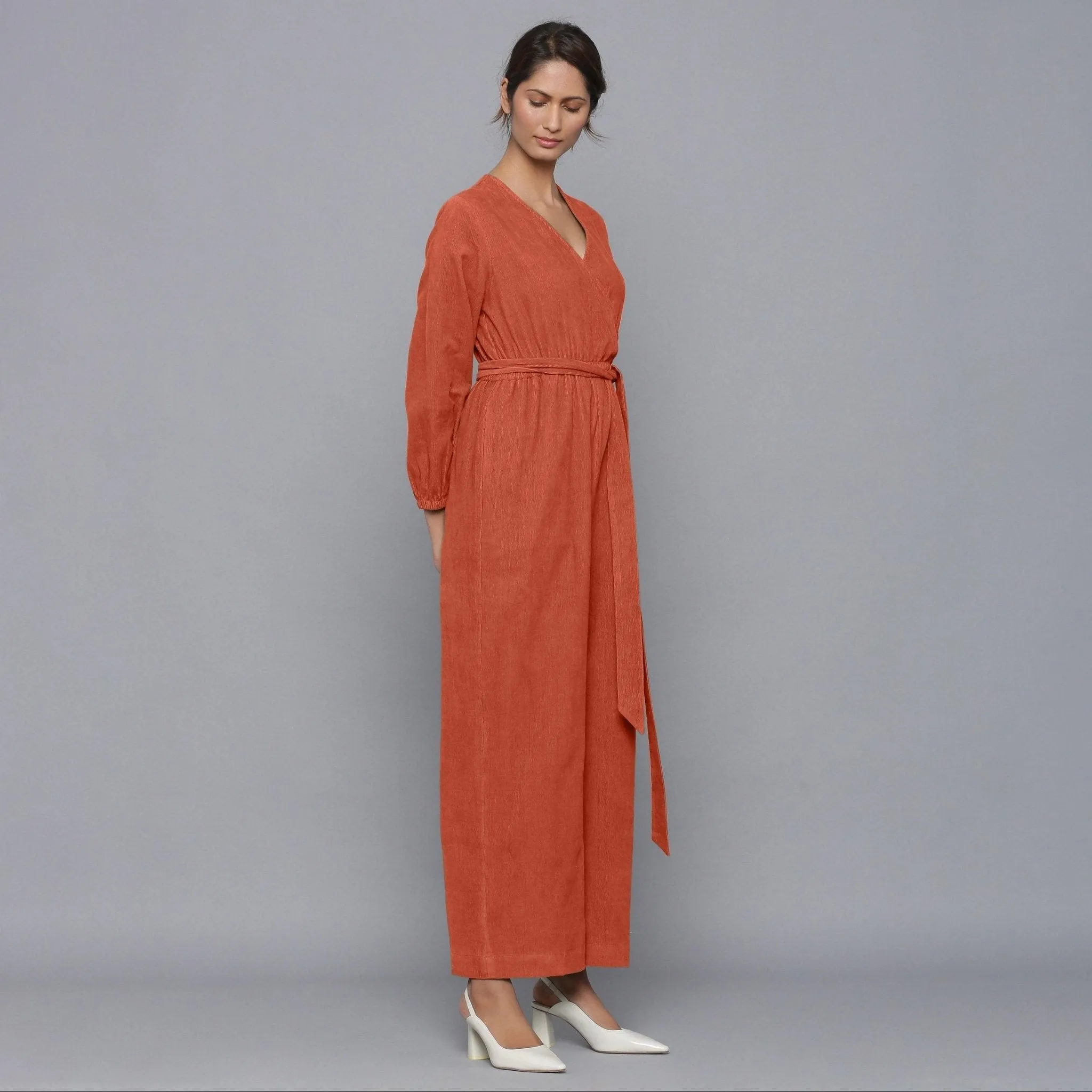 Sunset Rust Warm Cotton Corduroy Ankle Length Jumpsuit