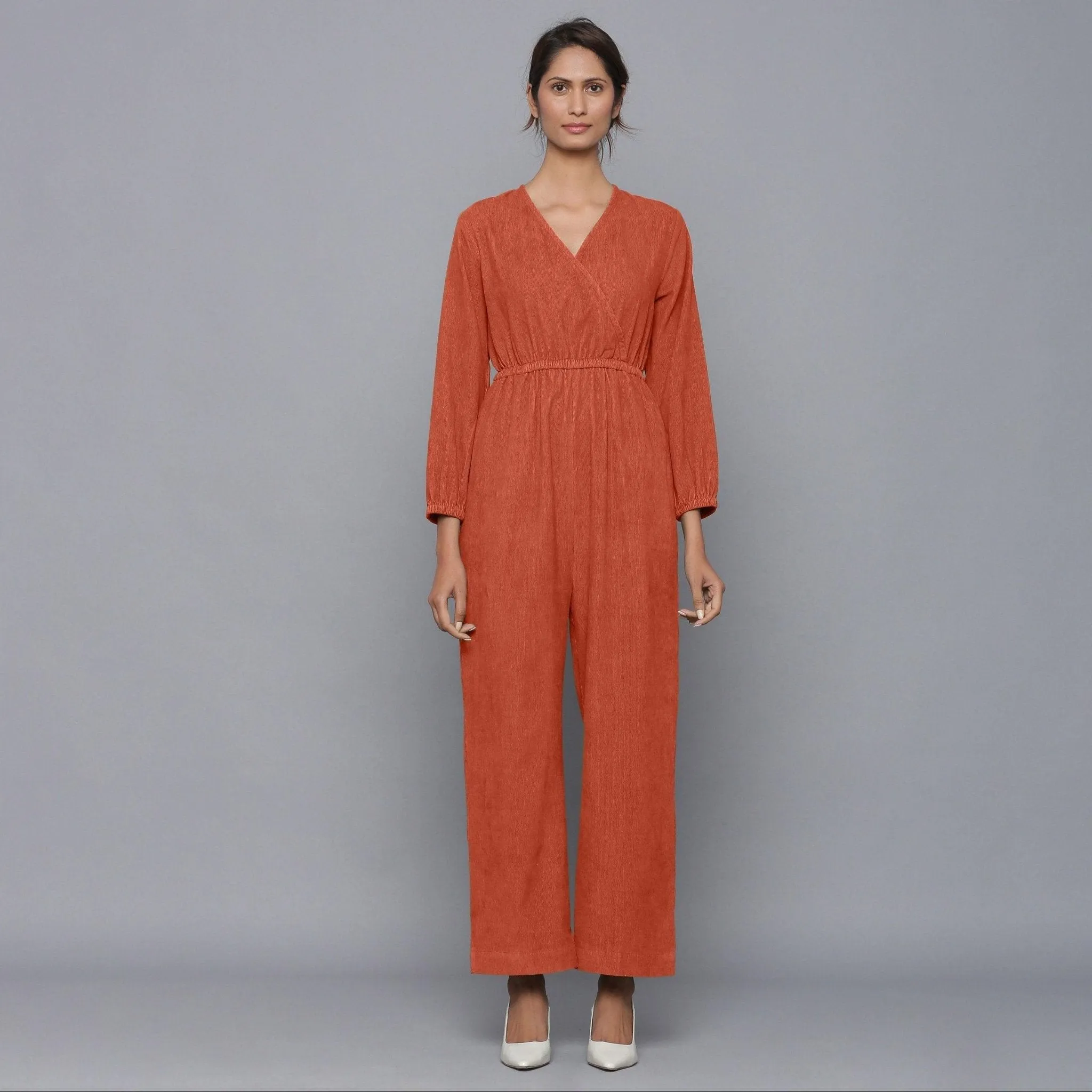 Sunset Rust Warm Cotton Corduroy Ankle Length Jumpsuit